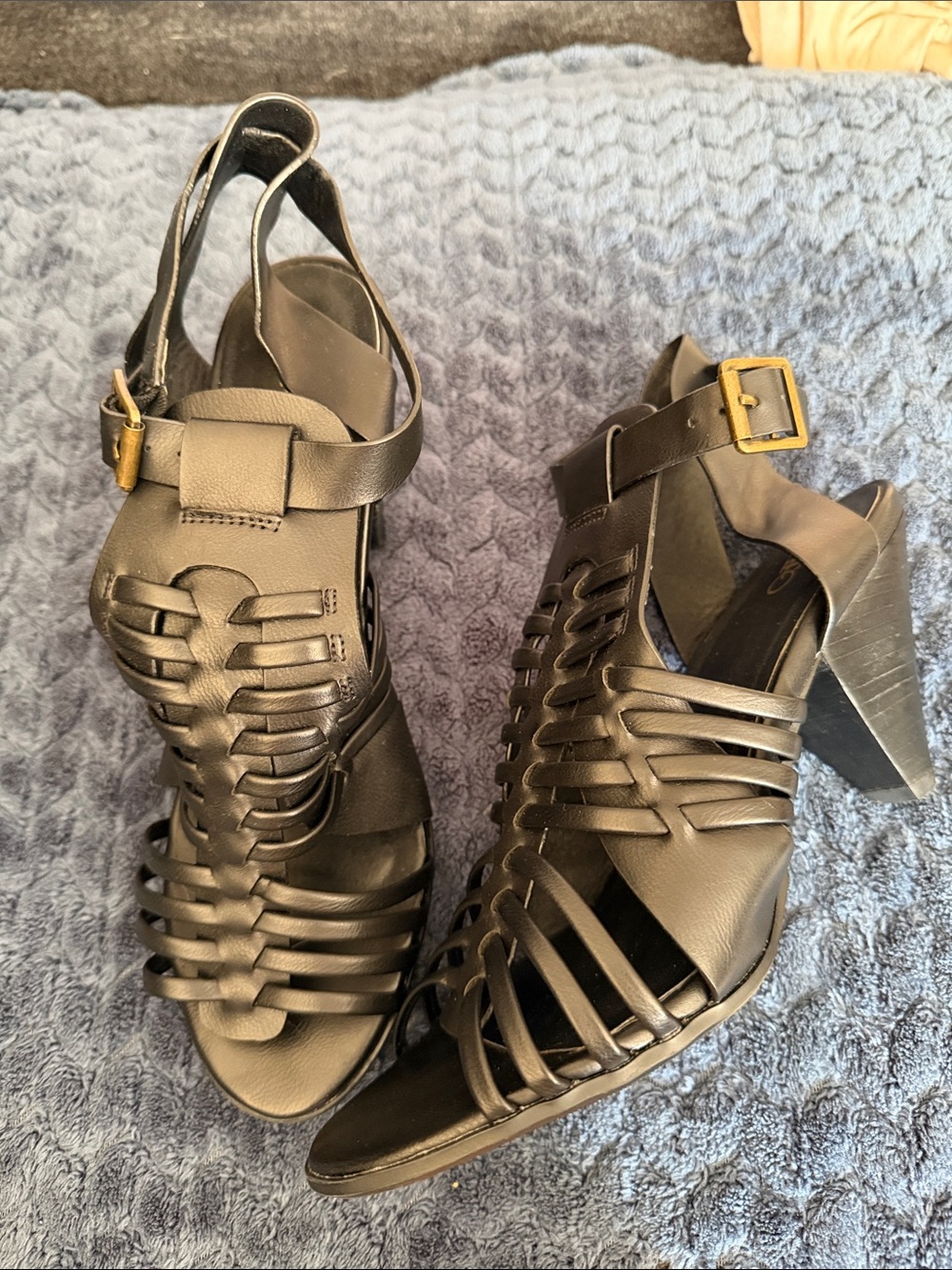 Cato Black Strappy Woven Block Heel Sandals with Gold Buckle